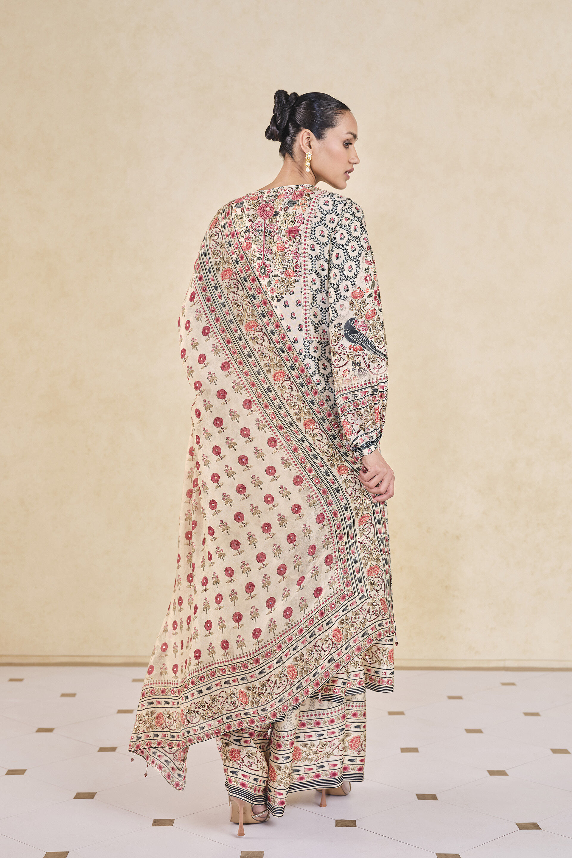 Demoiselle Printed Sequin Silk Suit Set - Cream